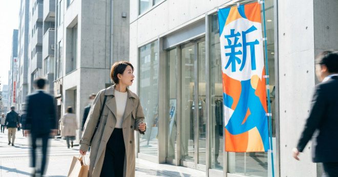 一瞬で目を引くユニークなのぼり旗を見る女性