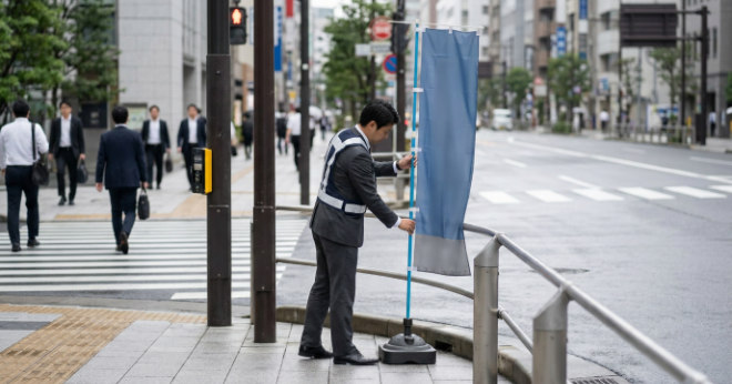 信号付近や歩道ではみ出し設置を避けるイメージ