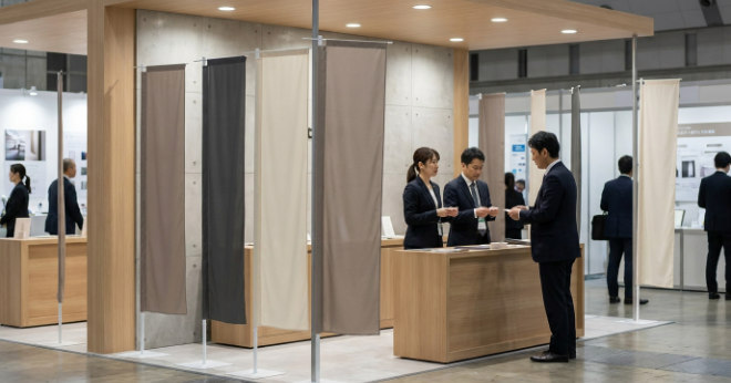展示会ブースで使用される棒袋縫いのぼり旗