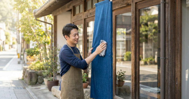 棒袋縫いとのぼり旗を長く美しく使用する店舗風景