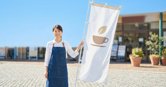 青空の下、綺麗に設置されたのぼり旗の横で満足そうに微笑む日本人の女性スタッフの写真