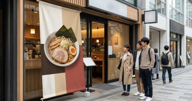 店頭に料理写真入りタペストリーを設置した現代的な日本の飲食店