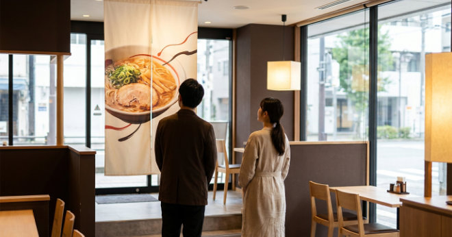 料理写真を大きく見せた集客向け飲食店タペストリーのデザイン例
