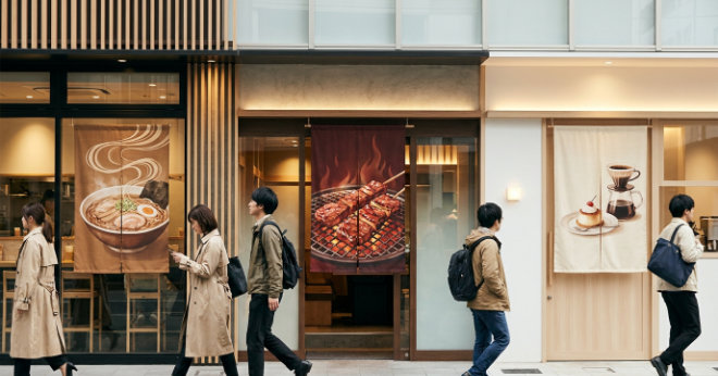 ラーメン店・焼肉店・カフェで活用される飲食店タペストリーのイメージ