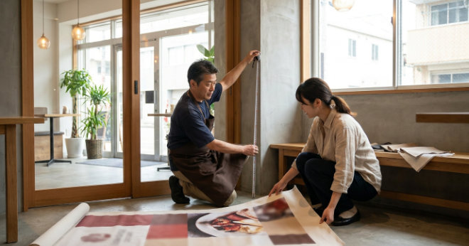 タペストリー制作前に設置場所やサイズを確認する飲食店スタッフ