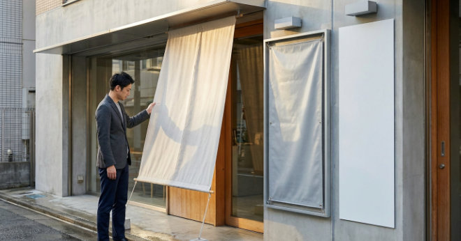 屋外印刷に使うターポリンと布素材を比較する販促担当者