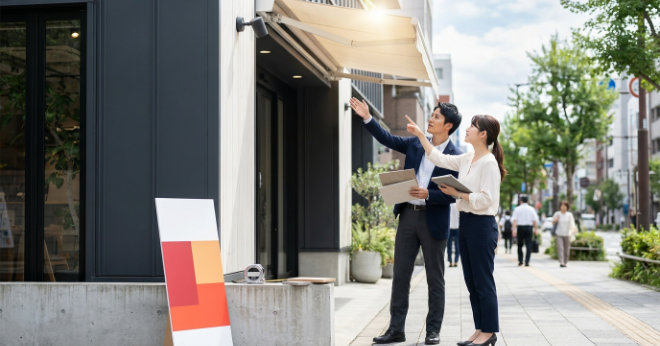 設置環境を確認しながら屋外看板の素材と印刷仕様を検討するスタッフ