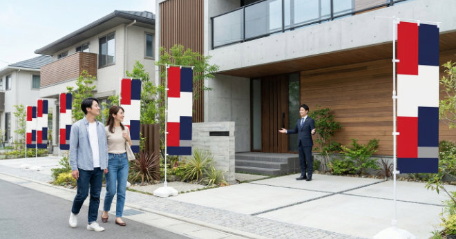 オープンハウス会場の道路沿いに設置されたのぼり旗と新築住宅