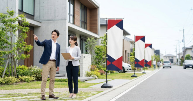 物件の間口と来場方向に合わせてのぼり旗の本数を確認する不動産スタッフ