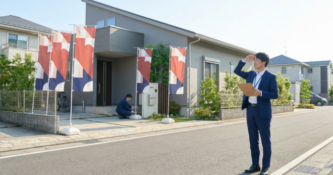 道路側からのぼり旗の視認性・向き・安全性を確認する不動産スタッフ
