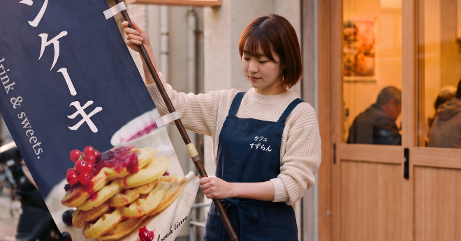 風の影響や樹木の接触をを受けやすい場所で立っているのぼり旗