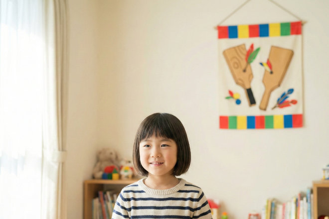 羽子板デザインの明るいタペストリーと女の子