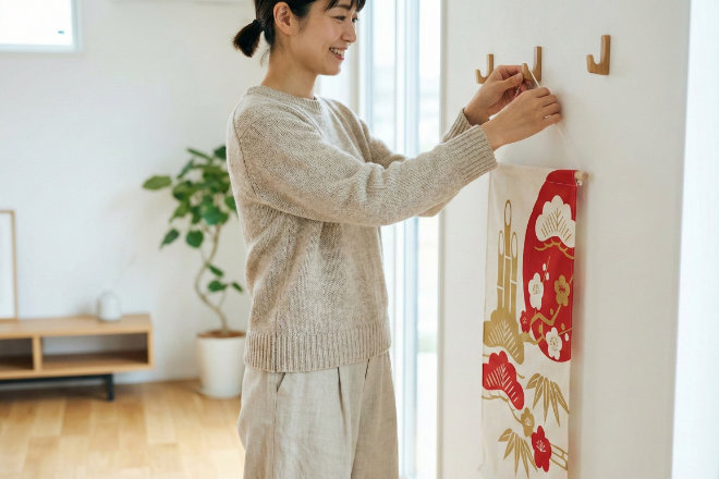 タペストリーを壁に掛ける日本人女性の手元とインテリア