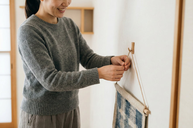 日本人女性がフックにタペストリーを簡単に掛けている様子