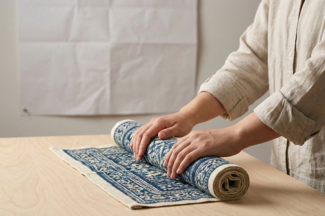 タペストリーをくるくると丸めて収納している様子