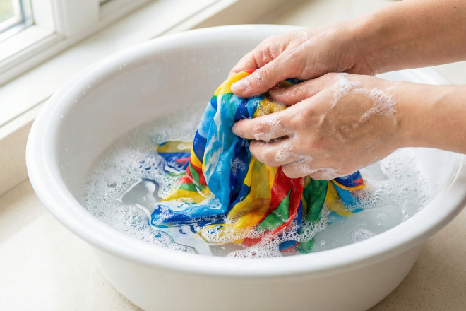 洗面器で布をやさしく手洗いしている手元のクローズアップ