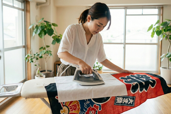 当て布をしてアイロンをかけているシーン、のぼりを保護している様子