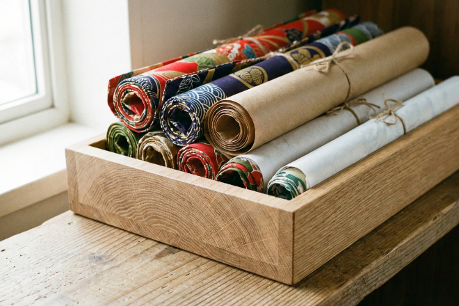 綺麗に巻かれたのぼり旗が棚に整頓されて並んでいる様子