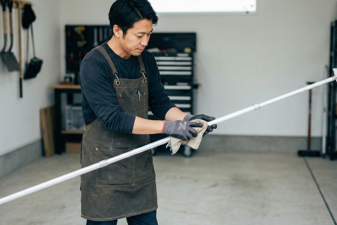 のぼり用ポールを乾いた布で拭いている日本人男性スタッフ